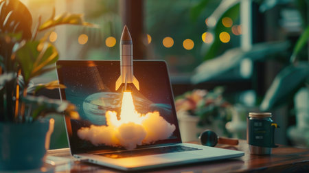 Rocket launches from a laptop screen on an office table, symbolizing innovation and startup growthの素材