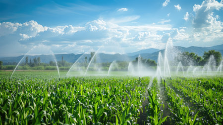 Corn field in spring being irrigated, vibrant green plants and blue sky, sprinklers creating a refreshing mist, efficient agricultural sceneの素材