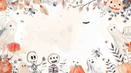 Watercolor frame with charming Halloween icons, including smiling skeletons, friendly ghosts, and cheerful spiders for kidsの素材