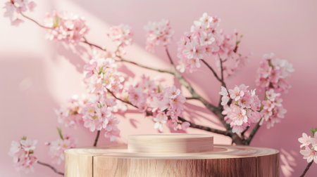 Cherry blossoms and a wooden podium against a soft pink backdrop, highlighting elegance and simplicity for displaysの素材
