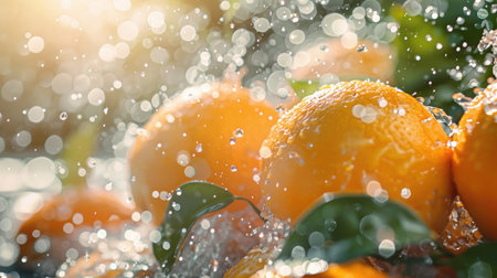 Bright sunlight on fresh oranges with water splashes, close-up shot capturing their vibrant color and refreshing qualityの素材