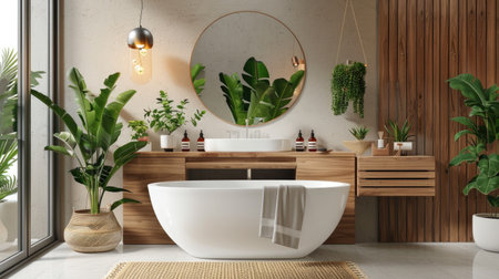 Modern eco-friendly bathroom featuring a large white bathtub, wooden vanity with a round mirror, and indoor plantsの素材