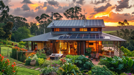 Luxurious eco-friendly house with solar panels, bathed in the warm glow of a stunning sunset, surrounded by lush landscaping -の素材