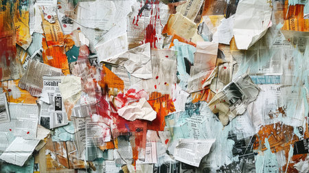 Disarray of crumpled papers and newspaper clippings creating an abstract textured collage backgroundの素材