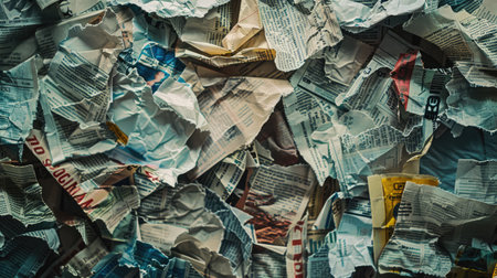 Crumpled papers and newspaper clippings in disarray, creating a textured abstract background with a collage effectの素材