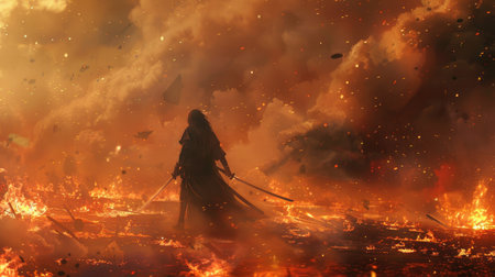 Intense anime-style scene of a lone swordsman amidst a fiery battlefield, swords ready and reflecting on the aftermathの素材