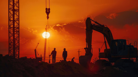 Active construction site at sunset, featuring the silhouettes of workers and machinery against a vibrant orange skyの素材