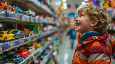 Excited child in a toy store aisle, marveling at a variety of colorful toy cars and vehicles on the shelves, in an engaging shopping settingの素材
