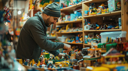 Creative atmosphere of a toy store with a man constructing a set, pleased expression capturing the joy of the vibrant environmentの素材