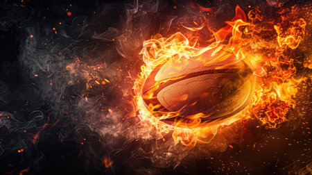 Rugby ball in flames and smoke, dynamic illustration on a black background, representing movement and intense energyの素材