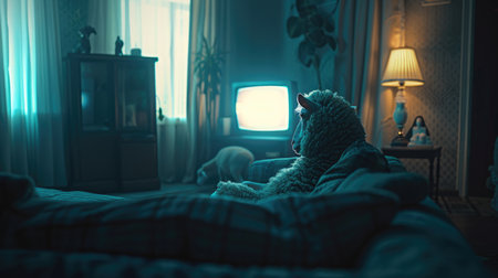 Sheep sitting on a couch in a dimly lit room, attentively watching a glowing TV screen, creating a surreal atmosphereの素材