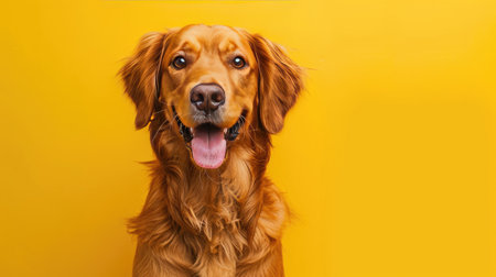Cheerful dog posing against a bright yellow background, providing ample copy space for messaging.の素材