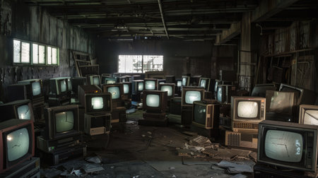 Abandoned room filled with old CRT monitors, dimly lit to symbolize electronic waste and technology's impact. --ar 16:9の素材