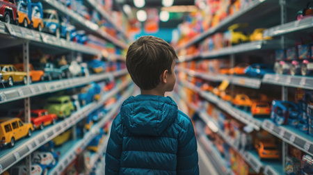 Toy store aisle with a child gazing at the shelves filled with colorful toy cars and vehicles, creating a captivating and magical environmentの素材
