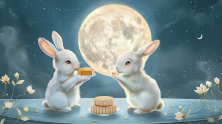 Dreamy pastel world featuring two adorable bunnies sharing mooncakes under a full moon in a quirky illustration.の素材