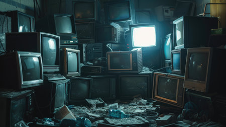 Dimly lit room with a pile of old CRT monitors, representing electronic waste and disposal issues.の素材