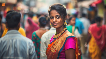 Indian woman in a brightly colored sari and traditional jewelry, standing out on a crowded street.の素材
