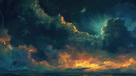 Dramatic night sky with storm clouds, lightning, stars, and a serene crescent moon over a glowing horizonの素材