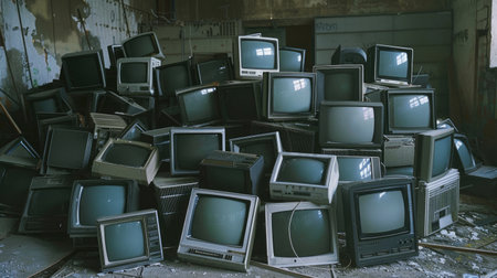 Electronic waste symbolized by a pile of old CRT monitors in an abandoned, dimly lit room.の素材