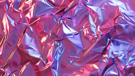 Gradient surface in pink and purple with a shiny, crumpled texture, featuring light reflections for a modern background.の素材