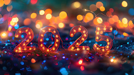 Isolated "2025" on a festive New Year celebration background, featuring bright lights and celebratory elementsの素材