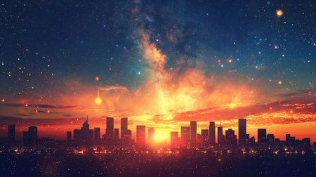 Sunset city skyline with a starry night sky and glowing horizon, merging urban life with the beauty of celestial events.の素材