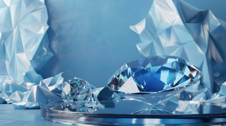 Crystal podium, blue diamond background, 3D luxury product stand, glass platform, abstract render, jewelry and cosmetic display scenの素材