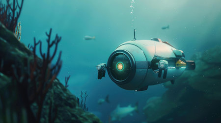 Underwater world with robotic marine life observer, capturing the beauty of the ocean's biodiversity and the role of technology in explorationの素材