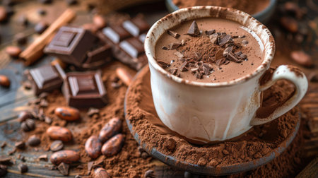 Delicious hot chocolate cup, surrounded by cocoa powder, beans, and chocolate pieces for a comforting treatの素材