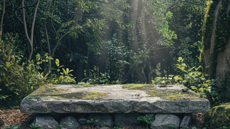 Stone podium in a forest background, featuring wild nature elements for a natural product displayの素材