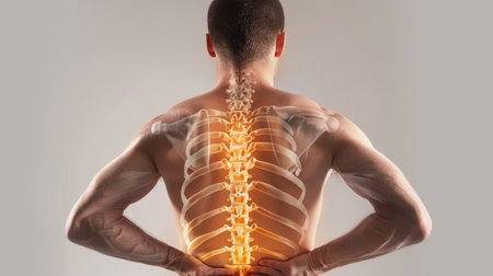 Back pain concept for a man, highlighting the spine and gray bone outlines, with space for text and a light gray backgroundの素材