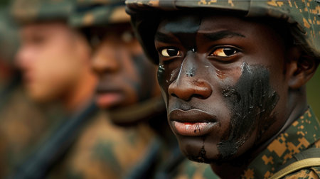 White and black soldiers in close-up, highlighting racial diversity, united in purpose and dutyの素材