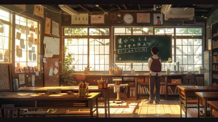 Anime-style Japanese classroom with a man at the blackboard, warm hues, and walls decorated with children's artwork, creating a cozy atmosphereの素材