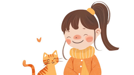 Cartoon of a happy Chinese girl and orange cat, light-colored outfits, on a white background, simple and down-to-earth styleの素材