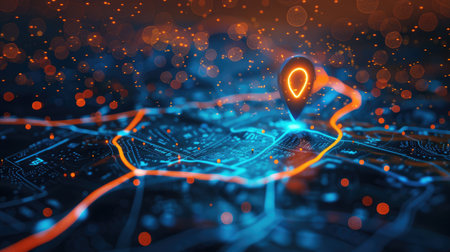Digital map with illuminated routes and prominent location pin, symbolizing navigation and technology, vibrant blue and orange highlightsの素材