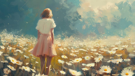 Field of white daisies with a girl in a white shirt and pink skirt, capturing serene beauty and natureの素材