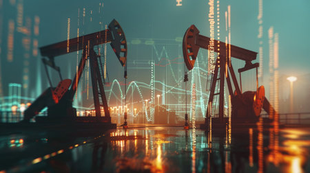 Double exposure showing oil pumpjacks and stock market data, symbolizing the fluctuating dynamics of gasoline prices and the energy marketの素材