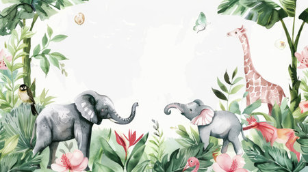Delicate watercolor animals and vibrant plants create a frame, ideal for your text.の素材
