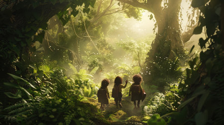 Three little humans exploring a mystical forest, magical and enchanting atmosphere, lush greeneryの素材