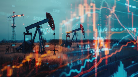 Double exposure of oil pumpjacks in a field with stock market data charts, conveying fluctuating gasoline prices and energy market dynamicsの素材