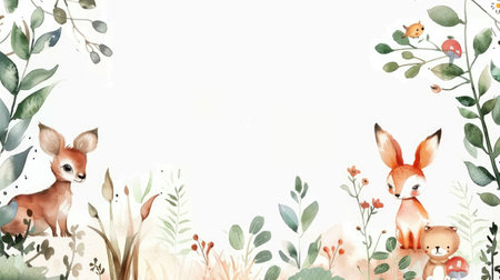 Watercolor frame with cute plants and animals, offering space for your message.の素材