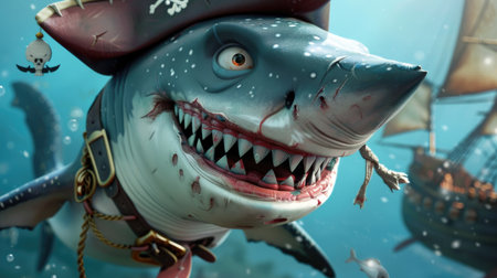 Adorable 3D pirate shark, ideal for whimsical and adventurous illustrations.の素材