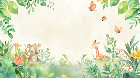Soft watercolor frame featuring charming plants and animals, ideal for highlighting your text.の素材