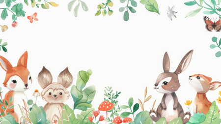 Watercolor frame with charming animals and vibrant plants, perfect for your text.の素材