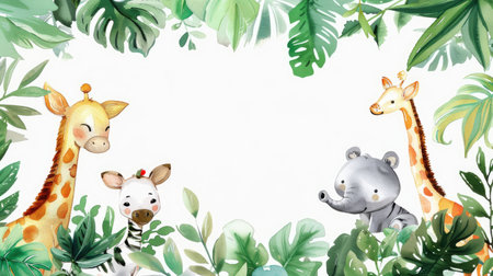 Watercolor frame with cute animals among lush plants, providing space for your messageの素材