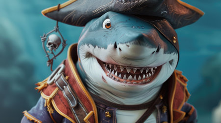 Whimsical 3D shark dressed as a pirate, ideal for playful and creative designs.の素材