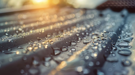 Close-up of raindrops on a gray metal roof, with a soft focus background and sunlight creating a serene, reflective moodの素材