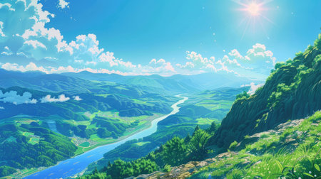 Anime landscape with serene, deep green mountains, lighter valleys, and a sparkling river under the bright sunの素材