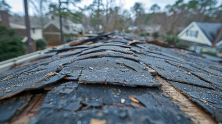 Damaged roof shingles with peeling and debris, suburban neighborhood background emphasizing weather damageの素材