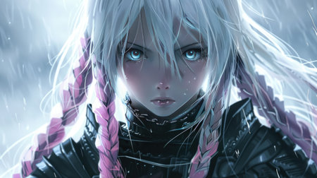Charming anime girl with white hair, blue eyes, and long pink braids, wearing black armor.の素材